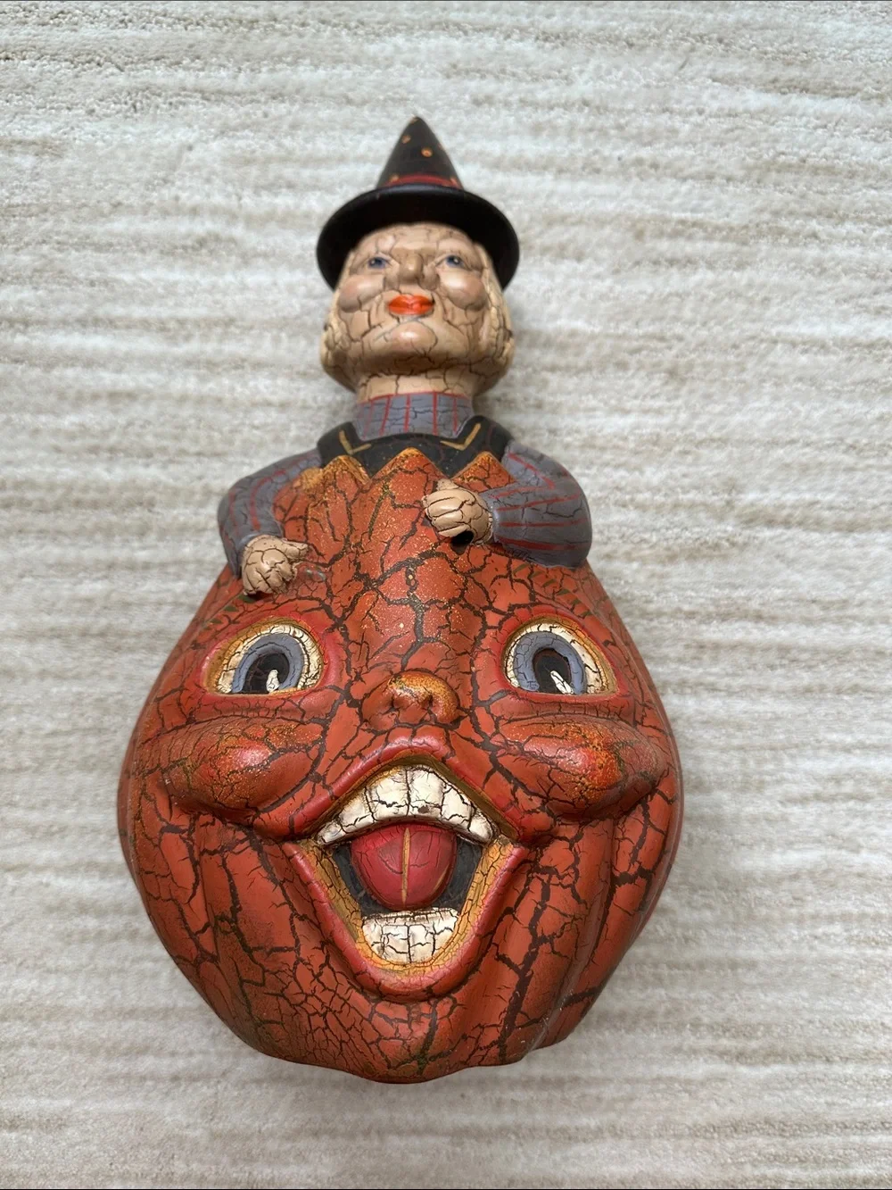 Folk art Halloween Witch in Double Sided Pumpkin Terracotta Crackle Finish 15